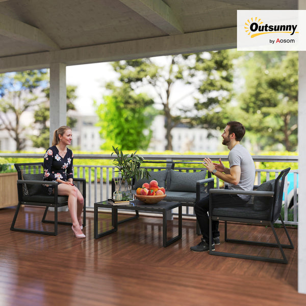 4 Pieces Rattan Garden Furniture Set, Metal Frame Outdoor Furniture Sofa Set with Cushions, Pillows & Tempered Glass Top Table, Wicker Garden Sofa for Conservatory, Patio, Charcoal Grey