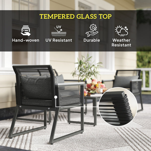 4 Pieces Rattan Garden Furniture Set, Metal Frame Outdoor Furniture Sofa Set with Cushions, Pillows & Tempered Glass Top Table, Wicker Garden Sofa for Conservatory, Patio, Charcoal Grey