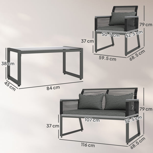4 Pieces Rattan Garden Furniture Set, Metal Frame Outdoor Furniture Sofa Set with Cushions, Pillows & Tempered Glass Top Table, Wicker Garden Sofa for Conservatory, Patio, Charcoal Grey