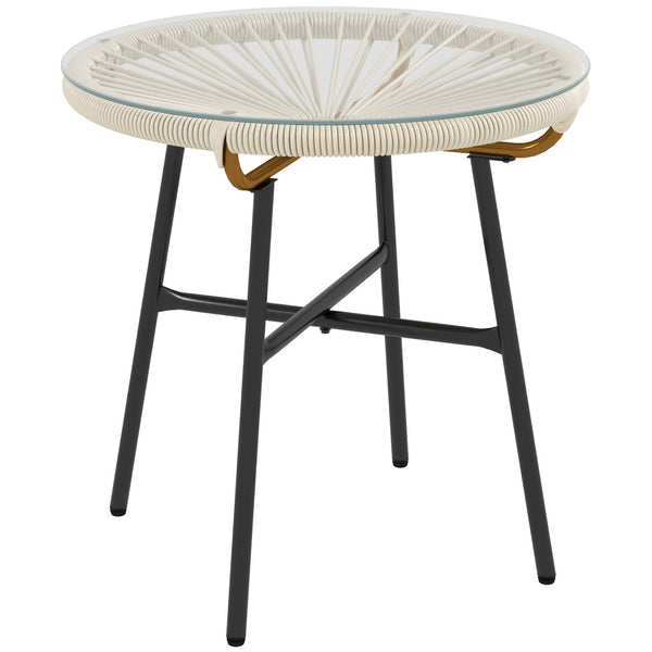 Rattan Side Table, Outdoor Round Coffee Table, with Round PE Rattan and Tempered Glass Tabletop for Patio, Garden, Balcony, Cream White