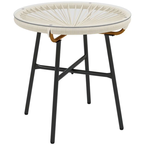 Rattan Side Table, Outdoor Round Coffee Table, with Round PE Rattan and Tempered Glass Tabletop for Patio, Garden, Balcony, Cream White