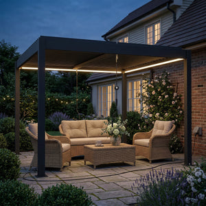 3 x 3 m Louvered Pergola with LED Lights, Adjustable Metal Louvred Roof, Aluminium Patio Gazebo Pergola Canopy with Drainage Gutters, Handles, Remote for Garden Outdoor, Dark Grey