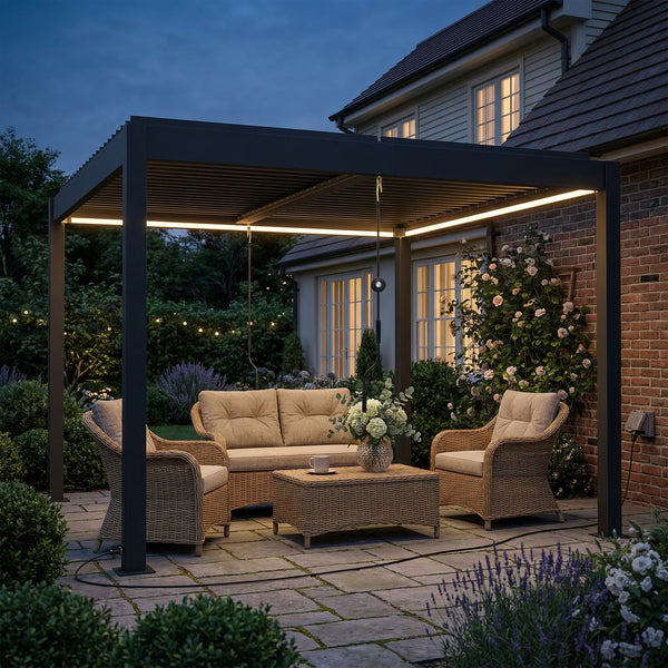3 x 3 m Louvered Pergola with LED Lights, Adjustable Metal Louvred Roof, Aluminium Patio Gazebo Pergola Canopy with Drainage Gutters, Handles, Remote for Garden Outdoor, Dark Grey