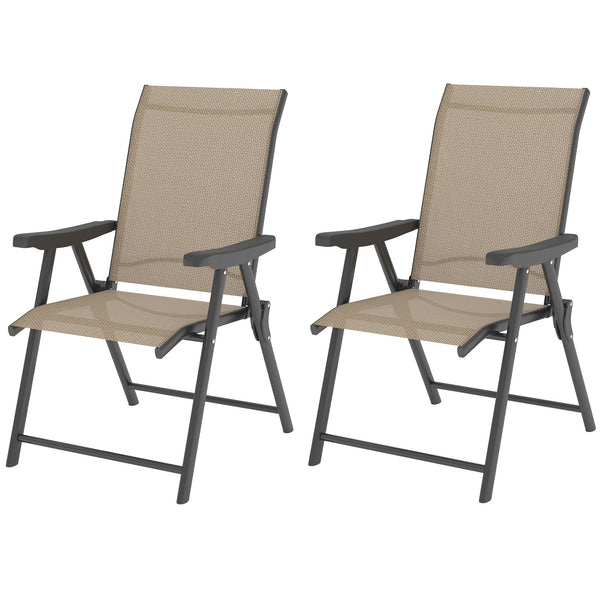 Set of 2 Folding Chair, Garden Chair Set with Breathable Mesh Back and Seat, Outdoor Camping Chairs with Armrests, Steel Frame for Deck Balcony, Brown