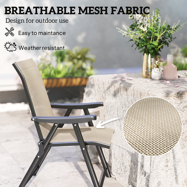 Set of 2 Folding Chair, Garden Chair Set with Breathable Mesh Back and Seat, Outdoor Camping Chairs with Armrests, Steel Frame for Deck Balcony, Brown