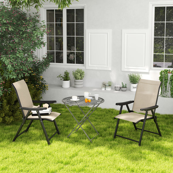Set of 2 Folding Chair, Garden Chair Set with Breathable Mesh Back and Seat, Outdoor Camping Chairs with Armrests, Steel Frame for Deck Balcony, Brown