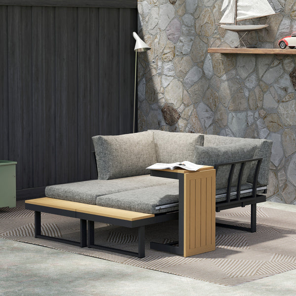 3 Pieces Sectional Patio Furniture Set with 2 Loveseats, WPC Coffee Table, L Shaped Aluminum Outdoor Furniture Sofa Set with Removable Backs, Thick Cushions, Light Grey