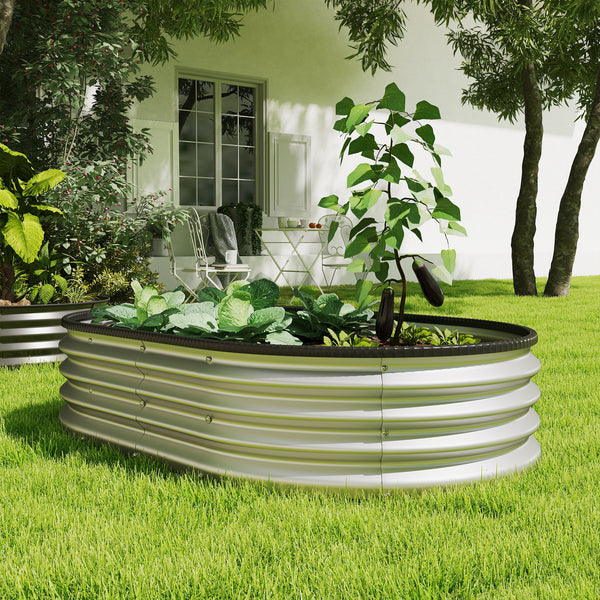 2Pcs Galvanized Raised Garden Bed, 5 x 3 x 1 ft Modular Metal Garden Beds with Rubber Strip Edging, Oval Outdoor Planter Box for Vegetables, Flowers, Herbs, Silver