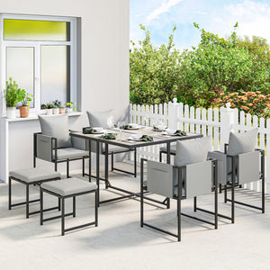 9 Piece Garden Dining Set, Cube Outdoor Garden Furniture Set with Cushions, 8 Seater Garden Table and Chairs with 4 Stools, Square Plastic Top Table, Side Pockets for Conservatory, Dark Grey