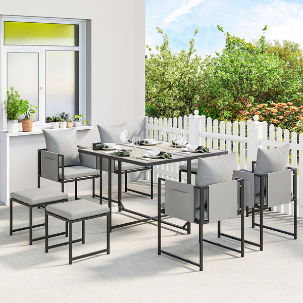 9 Piece Garden Dining Set, Cube Outdoor Garden Furniture Set with Cushions, 8 Seater Garden Table and Chairs with 4 Stools, Square Plastic Top Table, Side Pockets for Conservatory, Dark Grey