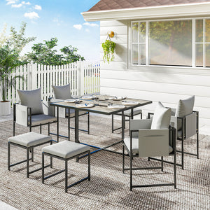 9 Piece Garden Dining Set, Cube Outdoor Garden Furniture Set with Cushions, 8 Seater Garden Table and Chairs with 4 Stools, Square Plastic Top Table, Side Pockets for Conservatory, Dark Grey