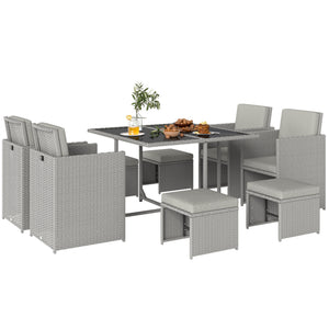 8 Seater Rattan Cube Garden Furniture Set, Space Saving Outdoor Dining Set with Cushions, Garden Table and Chairs with 4 Armchairs, 4 Footstools, Square Glass Top Table, Light Grey