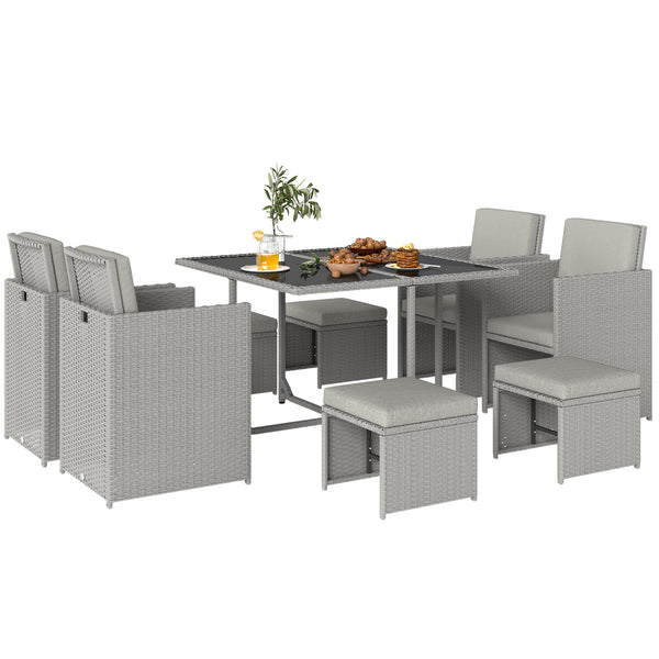 8 Seater Rattan Cube Garden Furniture Set, Space Saving Outdoor Dining Set with Cushions, Garden Table and Chairs with 4 Armchairs, 4 Footstools, Square Glass Top Table, Light Grey