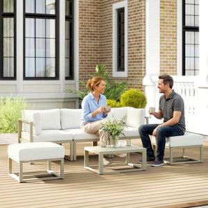 Garden Daybed, 6 Piece Outdoor Sectional Sofa Set, Aluminium Patio Conversation Furniture Set with Coffee Table, Footstool and Cushions, Cream White