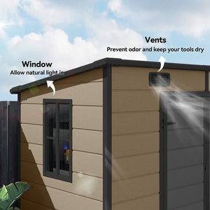8' x 4' Outdoor Storage Shed, Resin Plastic Shed with Floor, Window, Lockable Doors and Vents, All-Weather Tool Shed for Backyard, Patio, Lawn, Light Brown
