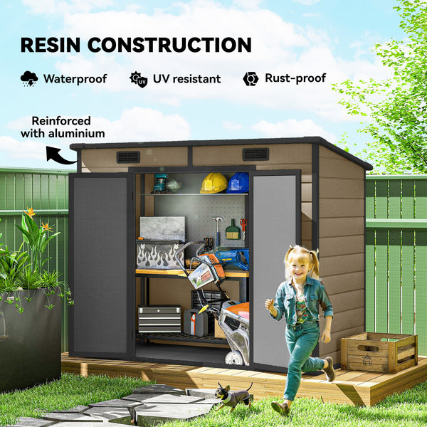 8' x 4' Outdoor Storage Shed, Resin Plastic Shed with Floor, Window, Lockable Doors and Vents, All-Weather Tool Shed for Backyard, Patio, Lawn, Light Brown