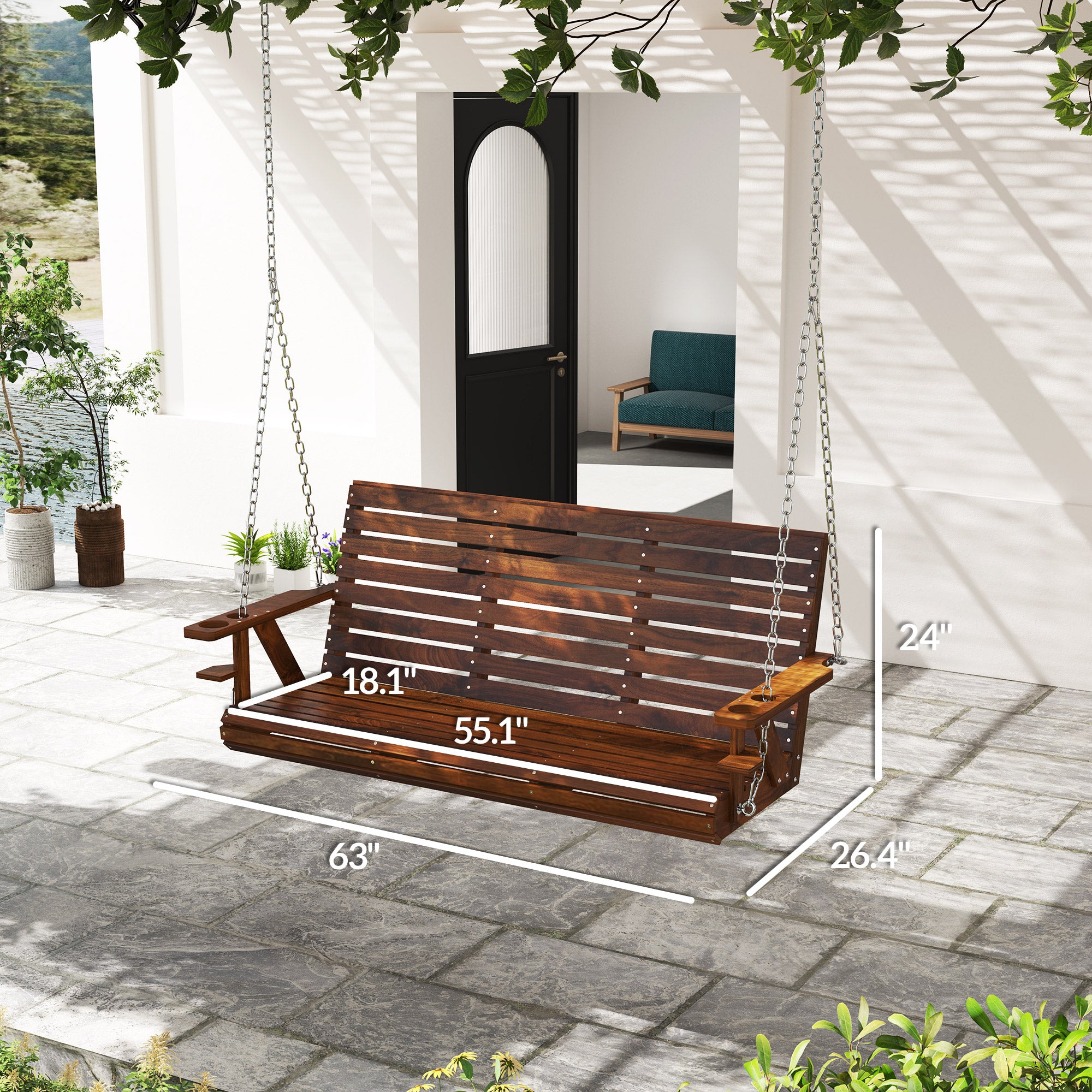 Outsunny 3-Seater Wooden Swing Bench with Cupholders Hanging