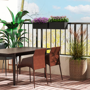 2 Pack Railing Planter Box, 20 Inch Hanging Flower Pots with Hooks and Drainage Hole, Rectangular Planters for Fence, Balcony, Garden, Patio, Rattan Look, Black