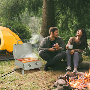 2 Burner Propane Gas Grill, Outdoor Portable Tabletop BBQ with Foldable Legs, 10000 Each Burner, Lid, for Camping, Picnic, Backyard, Silver