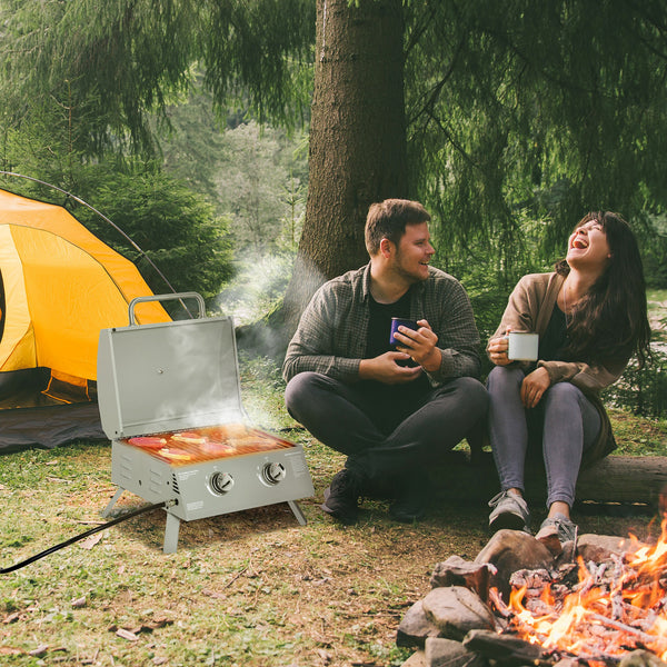2 Burner Propane Gas Grill, Outdoor Portable Tabletop BBQ with Foldable Legs, 10000 Each Burner, Lid, for Camping, Picnic, Backyard, Silver