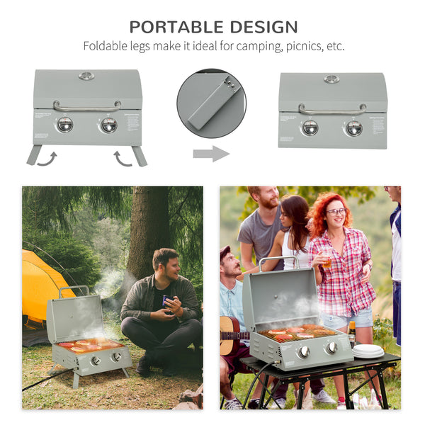 2 Burner Propane Gas Grill, Outdoor Portable Tabletop BBQ with Foldable Legs, 10000 Each Burner, Lid, for Camping, Picnic, Backyard, Silver