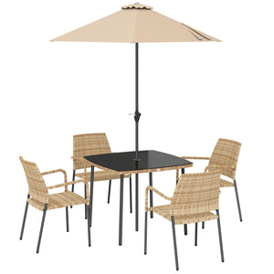 4 Seater Rattan Dining Set with Parasol, 6 Piece Garden Table and Stackable Chairs with Tempered Glass Tabletop, All-Weather Outdoor Rattan Furniture Set for Patio, Light Brown