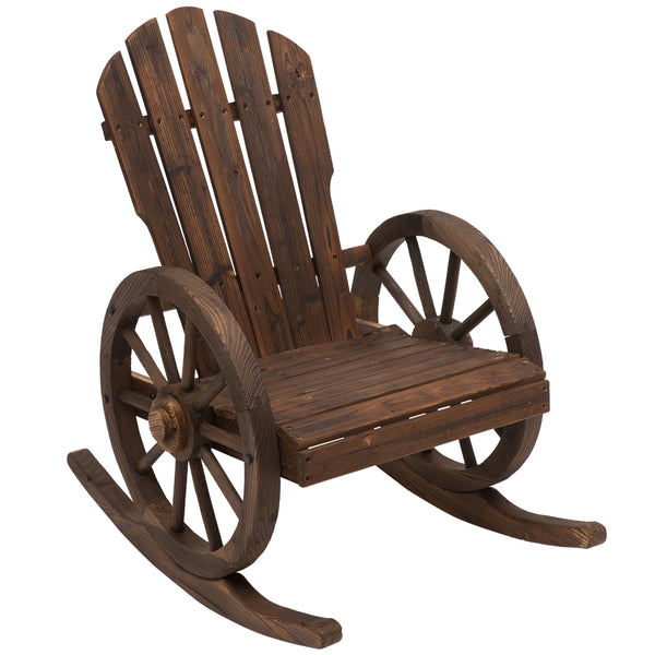 Outsunny Wooden Rocking Chair, Adirondack Rocker Chair w/Slatted Design and Oversized Back, Outdoor Rocking Chair with Wagon Wheel Armrest for Porch, Poolside, and Garden, Carbonized