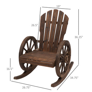 Outsunny Wooden Rocking Chair, Adirondack Rocker Chair w/Slatted Design and Oversized Back, Outdoor Rocking Chair with Wagon Wheel Armrest for Porch, Poolside, and Garden, Carbonized