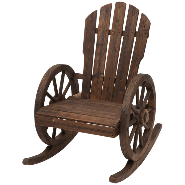 Outsunny Wooden Rocking Chair, Adirondack Rocker Chair w/Slatted Design and Oversized Back, Outdoor Rocking Chair with Wagon Wheel Armrest for Porch, Poolside, and Garden, Carbonized