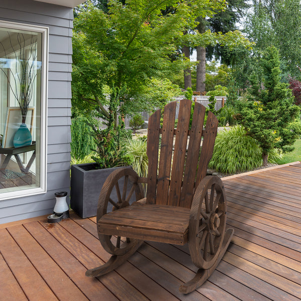 Outsunny Wooden Rocking Chair, Adirondack Rocker Chair w/Slatted Design and Oversized Back, Outdoor Rocking Chair with Wagon Wheel Armrest for Porch, Poolside, and Garden, Carbonized