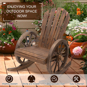 Outsunny Wooden Rocking Chair, Adirondack Rocker Chair w/Slatted Design and Oversized Back, Outdoor Rocking Chair with Wagon Wheel Armrest for Porch, Poolside, and Garden, Carbonized