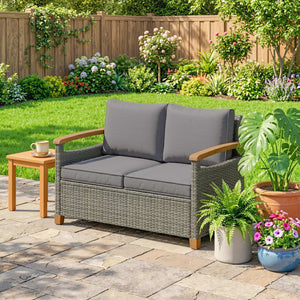 2 Seater Rattan Garden Sofa, Outdoor Sofa with Thickened Cushions and Acacia Wood Armrests, All Weather Small Rattan Garden Furniture Loveseat for Patio, Balcony, Porch, Dark Grey