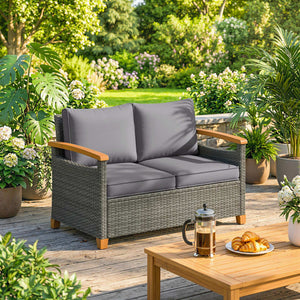 2 Seater Rattan Garden Sofa, Outdoor Sofa with Thickened Cushions and Acacia Wood Armrests, All Weather Small Rattan Garden Furniture Loveseat for Patio, Balcony, Porch, Dark Grey