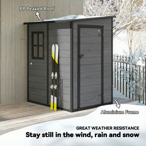 4 x 5FT Plastic Garden Shed with Floor, Lean to Outdoor Storage Shed, Lockable Tool Storage House with Window, Vent and Plastic Roof, Wood-Effect
