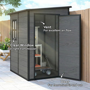 4 x 5FT Plastic Garden Shed with Floor, Lean to Outdoor Storage Shed, Lockable Tool Storage House with Window, Vent and Plastic Roof, Wood-Effect