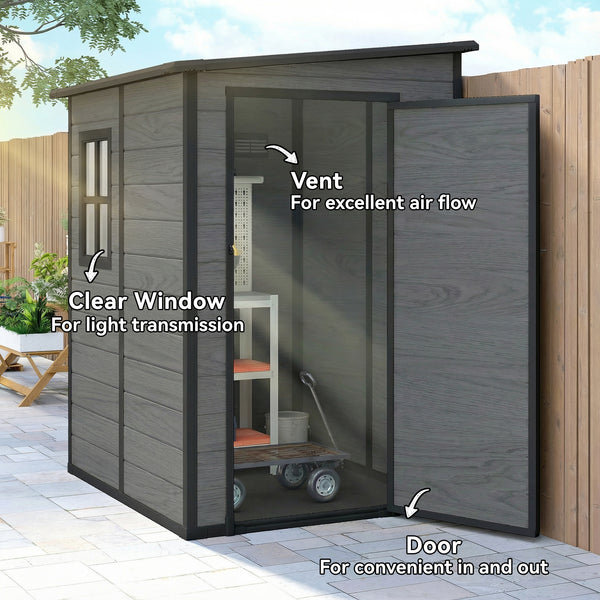 4 x 5FT Plastic Garden Shed with Floor, Lean to Outdoor Storage Shed, Lockable Tool Storage House with Window, Vent and Plastic Roof, Wood-Effect
