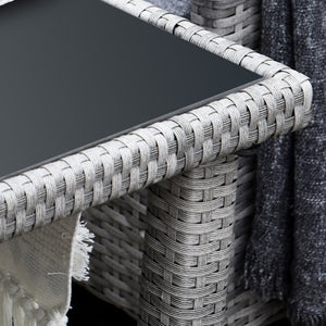 5 Pieces Rattan Garden Furniture Set, 6 Seater Wicker Dining Set, Corner Garden Sofa Outdoor Furniture Set with Glass Top Table, Footstool and Cushions for Patio, Beige