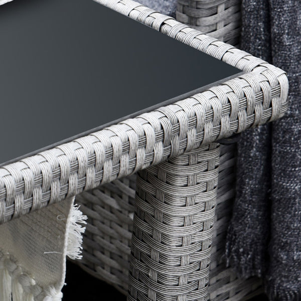 5 Pieces Rattan Garden Furniture Set, 6 Seater Wicker Dining Set, Corner Garden Sofa Outdoor Furniture Set with Glass Top Table, Footstool and Cushions for Patio, Beige