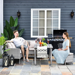 5 Pieces Rattan Garden Furniture Set, 6 Seater Wicker Dining Set, Corner Garden Sofa Outdoor Furniture Set with Glass Top Table, Footstool and Cushions for Patio, Beige