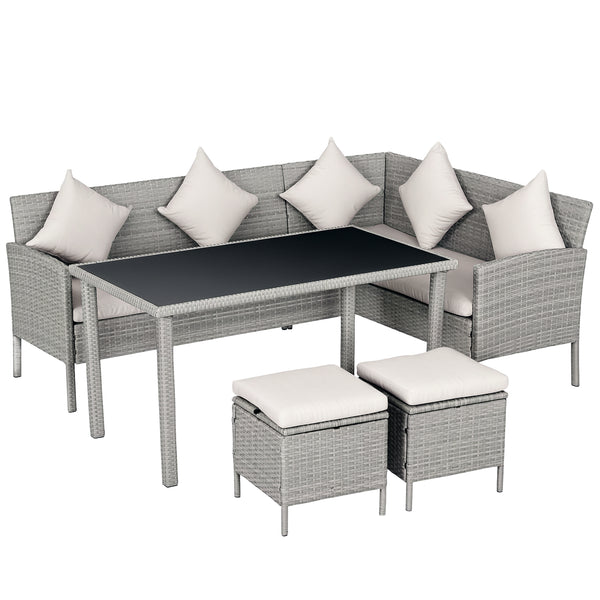 5 Pieces Rattan Garden Furniture Set, 6 Seater Wicker Dining Set, Corner Garden Sofa Outdoor Furniture Set with Glass Top Table, Footstool and Cushions for Patio, Beige