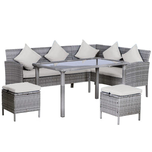 5 Pieces Rattan Garden Furniture Set, 6 Seater Wicker Dining Set, Corner Garden Sofa Outdoor Furniture Set with Glass Top Table, Footstool and Cushions for Patio, Beige