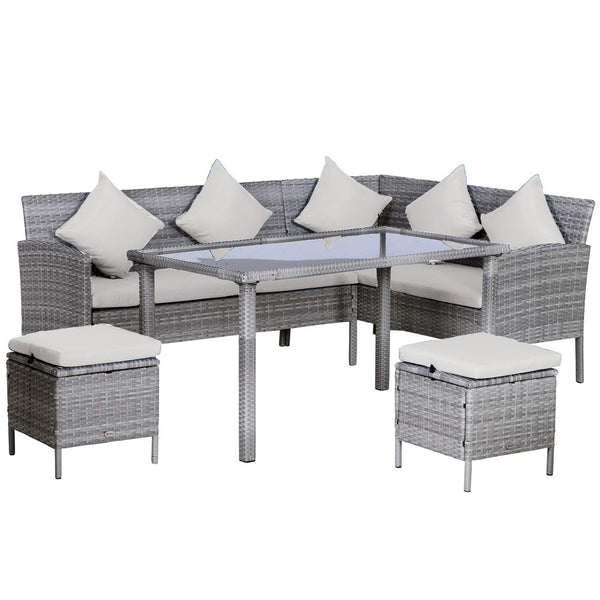 5 Pieces Rattan Garden Furniture Set, 6 Seater Wicker Dining Set, Corner Garden Sofa Outdoor Furniture Set with Glass Top Table, Footstool and Cushions for Patio, Beige
