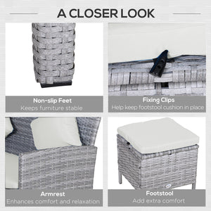 5 Pieces Rattan Garden Furniture Set, 6 Seater Wicker Dining Set, Corner Garden Sofa Outdoor Furniture Set with Glass Top Table, Footstool and Cushions for Patio, Beige