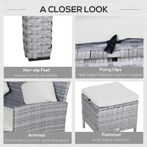 5 Pieces Rattan Garden Furniture Set, 6 Seater Wicker Dining Set, Corner Garden Sofa Outdoor Furniture Set with Glass Top Table, Footstool and Cushions for Patio, Beige