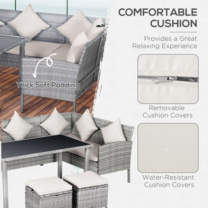 5 Pieces Rattan Garden Furniture Set, 6 Seater Wicker Dining Set, Corner Garden Sofa Outdoor Furniture Set with Glass Top Table, Footstool and Cushions for Patio, Beige