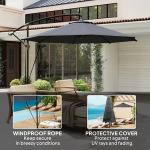 9.5FT Cantilever Patio Umbrella with Wind Strap, Cover, Round Offset Hanging Umbrella with 360°Rotation, Crank and Cross Base for Garden, Deck, Yard and Pool, UPF50+, Grey