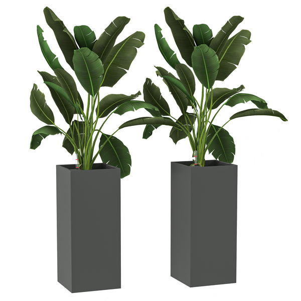 2 Pack Planter Box, 26 Inch Plastic Planter Pots with Water Level Indicator, Flower Pots with Drainage Hole and Drain Plug for Indoor Outdoor, Dark Grey