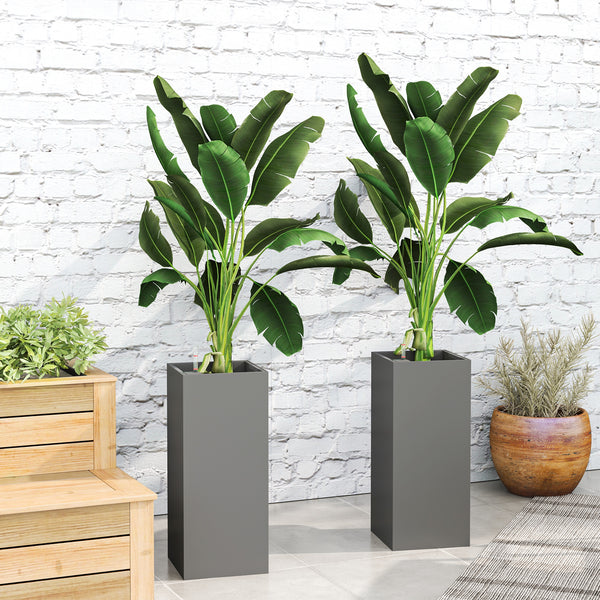 2 Pack Planter Box, 26 Inch Plastic Planter Pots with Water Level Indicator, Flower Pots with Drainage Hole and Drain Plug for Indoor Outdoor, Dark Grey