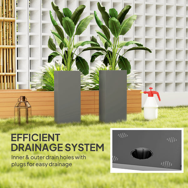 2 Pack Planter Box, 26 Inch Plastic Planter Pots with Water Level Indicator, Flower Pots with Drainage Hole and Drain Plug for Indoor Outdoor, Dark Grey