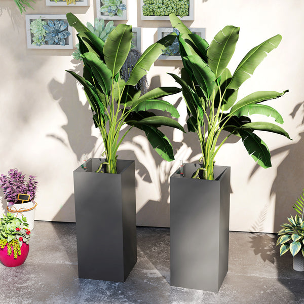2 Pack Planter Box, 26 Inch Plastic Planter Pots with Water Level Indicator, Flower Pots with Drainage Hole and Drain Plug for Indoor Outdoor, Dark Grey